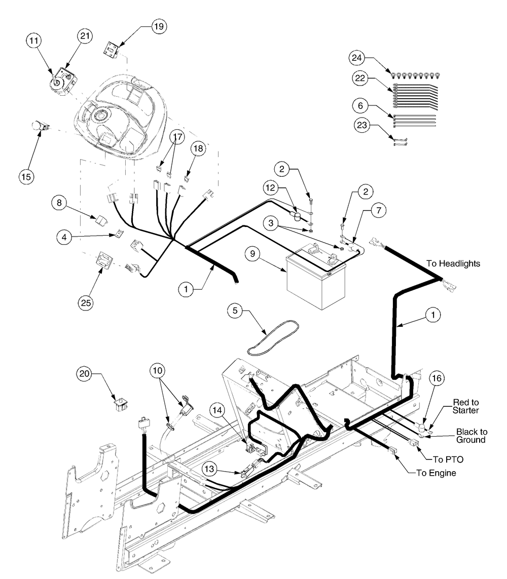 Battery, Electrical Components And Switches Diagram and Parts List for GT2544 K015-Before-13A2D7L710 Cub Cadet Lawn Tractor